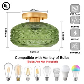 APOTO Semi Flush Mount Ceiling Light Fixture Green,Vintage Hallway Light Fixture Ceiling,Globe Glass Light Fixtures Ceiling Mount,Farmhouse Pendant Lamp for Kitchen Entryway Bathroom,Bulb Not Included