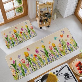 Eikunn Tulip Floral Kitchen Mats Set of 2,Spring Summer Seasonal Kitchen Rugs for Floor,Non-Slip Washable Comfort Standing Kitchen Sink Runner Rug Holiday Kitchen Decor and Accessories