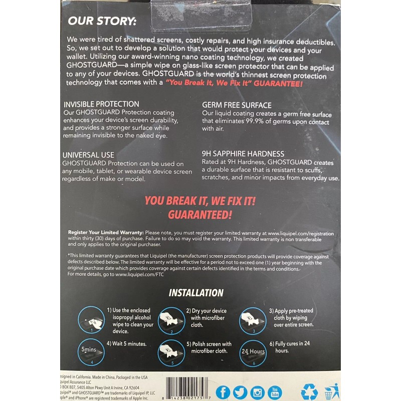 Liquipel NEW Ghost Guard Universal Invisible Screen Protection - Powered