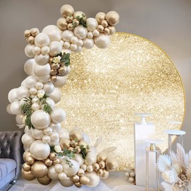 OERJU Gold Round Backdrop Cover Golden White Glittering Sequins Circle Photography Background Round Backdrop Stand Cover Baby Shower Bridal Shower Birthday Party Decoration Not Real Glitter 5x5ft