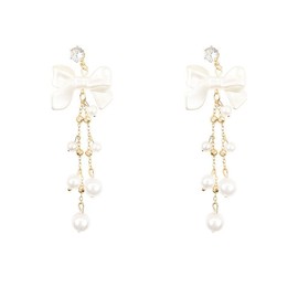 Earrings for Girls Pearl Bow Long Drop Dangle Earrings for Women Dainty Pearl Tassel Earring Jewelry (White, One size)