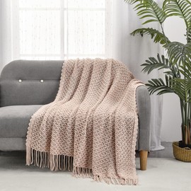CREVENT Farmhouse Boho Knitted Throw Blanket for Couch Sofa Chair Bed Home Decoration, Soft Warm Cozy Light Weight for Spring Summer Fall (127cmX152cm Blush Pink)