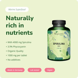 Vegavero Organic Spirulina 4000 mg | 300 Tablets | NO Additives | Natural Source of Protein, Vitamins & Minerals | Vegan