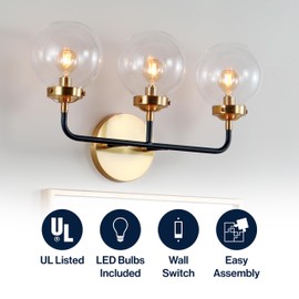 JONATHAN Y JYL9011A Modern 22" 3-Light Globe Wall Sconce, Contemporary Hardwired Vanity Light in Black and Brass Gold, Dimmable Wall Light Fixture for Bathroom Mirror, Bedroom, Hallway