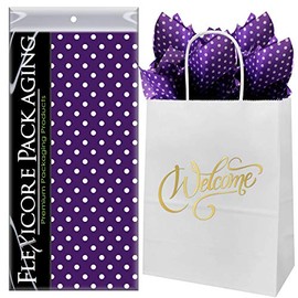 Flexicore Packaging White Kraft Paper Welcome Bags & Purple Gift Wrap Tissue Paper | Size: 8 Inch X 4.75 Inch X 10.5 Inch | Count: 50 Bags | Color: Purple Polka Dot