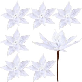 Zeyune 6 Pcs Christmas Poinsettia Flowers Artificial 12 Inch Large Frost Edged Flannel Christmas Flowers Faux Poinsettia Flowers Christmas Tree Flowers for Xmas New Year Wedding Party(White)