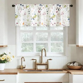 Leeva Colorful Flower Print Kitchen Valance, Elegant Farmhouse Bird Design Curtain Drapes for Living Room, Rod Pocket Faux Linen Window Valances for Bedroom, 60 x 18