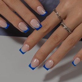 KQueenest Royal Blue French Tip Press On Nails Short Square, 30 Pcs Acrylic Press On Nails With Glue, Natural Nude Short Fake Nails Press ons Navy Blue, Reusable Soft Gel Glue on Nails for Women