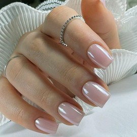 Chrome False Nails Short, SXVME Glazed Pastel Pink Press On Nails Short Square, Glitter Shine Fake Nails Glue on Nails Short Cute, Acrylic Stick on Nails for Women Daily & Party Wear