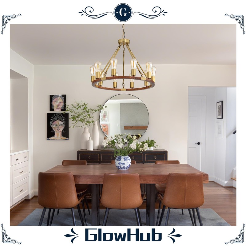 Wagon Wheel Chandelier Gold 10-Light Farmhouse Pendant Light Wood Grain