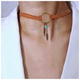 Yheakne Boho Layered Suede Choker Necklace Tiny Leaf Pendant Necklace Chain Brown O Ring Leather Choker Necklace Turquoise Pearl Necklace Chain Jewellery for Women and Girls, Metal, Turquoise