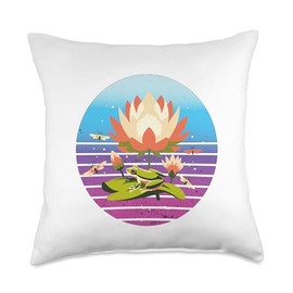 Lotus frog flowers lily pad nature insects harmony peaceful Throw Pillow