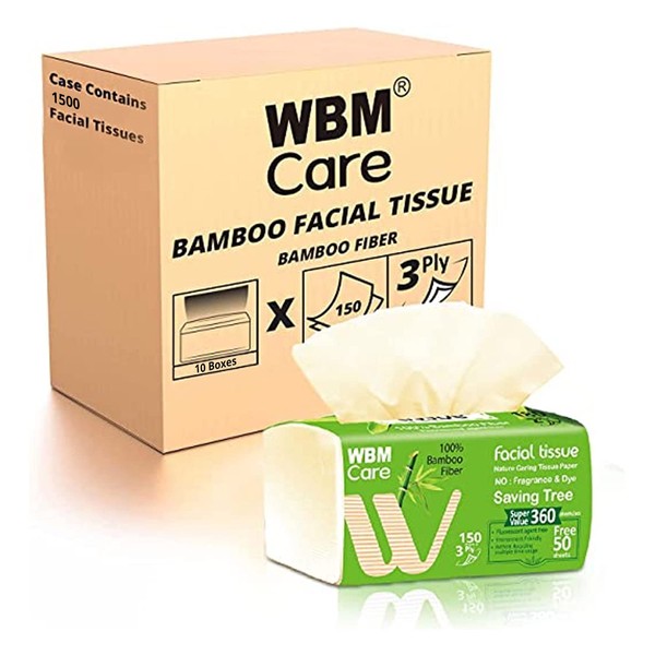 WBM Care Bamboo Facial Tissues, Bulk Box of 10 Packs, Total 1500 Sheets, Count