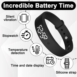 Bracelet Alarm Clock Black Vibration Alarm Clock Bracelet Alarm Clock with Vibration Alarm, Adjustable, with Silent Vibration Function Alarm Clock, Timer, Stopwatch, Date Display and Body Temperature Measurement