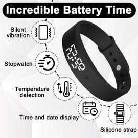 Bracelet Alarm Clock Black Vibration Alarm Clock Bracelet Alarm Clock with Vibration Alarm, Adjustable, with Silent Vibration Function Alarm Clock, Timer, Stopwatch, Date Display and Body Temperature Measurement