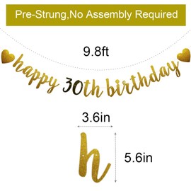 Happy 30th Birthday Banner, Pre-Strung,Gold and Black Glitter Paper Garlands Banner for 30th Birthday Party Decorations Supplies, Letters Gold and Black,Betteryanzi