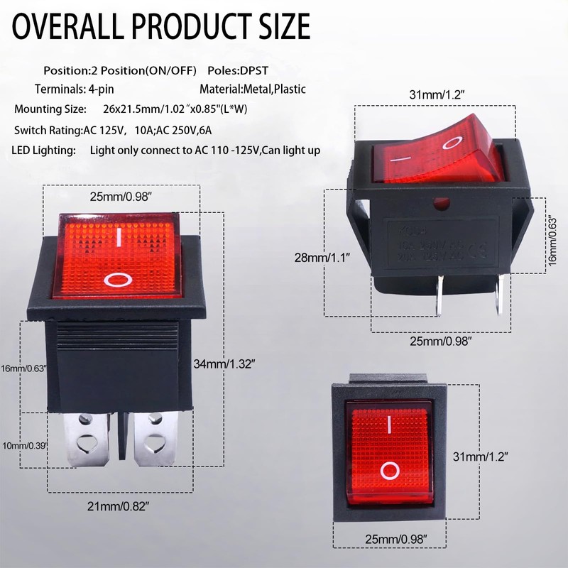 KCD4 Rocker Switch 4 Pin Rocker Switch DPST ON/Off Red