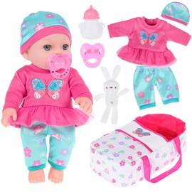 ebuddy 12 inch Baby Doll and Accessories-Reborn Baby Dolls Real Life Baby Dolls with 1 Sets Clothes,Carry Basket,Bunny Plush Toy,Pacifier, Bottle