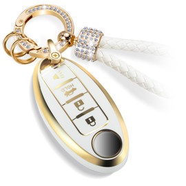 CTRINEWS for Nissan Key Fob Cover with Luxury Diamond Bling Braided Rope Keychain, Upgraded Soft Key Case for Nissan Key Shell (4 Button only) (Gold, Diamond Rope)