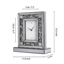 SHYFOY Luxury Crystal-Embedded Mirrored Table Clock, Elegant Decorative Clock with Roman Numerals for Home & Office, Silver Glam Desk Clock Home Decor