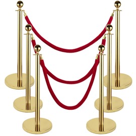 Gold Stanchion Set, stanchions and Velvet Ropes, Stanchion Posts Queue Pole 5FT Red Velvet Ropes Crowd Control Barrier,6PCS