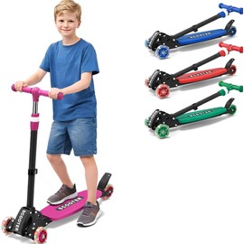 Patinetes de 3 ruedas para niños de 5 a 7 a 8 a 12, fáciles de inclinar para dirigir, ruedas iluminadas, manubrio ajustable (27 a 33 pulgadas), cubierta ancha antideslizante, patinete plegable para