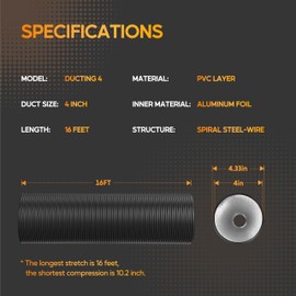 HealSmart 4" 16 Ft Aluminum Ducting Flexible, Heavy-Duty Four-Layer Protection with 2 Duct Clamps, Dryer Vent Hose for Heating Cooling Ventilation and Exhaust Fan