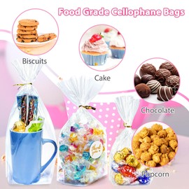 Cherodada Clear Cellophane Treat Bags with Ties, 5"x 8", 6"x 9", 8"x 11" (100 pcs) Bottom Gusset Bags, Clear Gift Bags for Party Favor, Gift Wrapping, Wrapping Candies, Cookies, Chocolates, Popcorn
