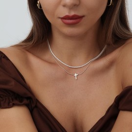 ASCOMY Necklaces for Women 14K Silver Plated Cross Necklace Silver Layered Shiny Twist Rope Balls Chain Cross Pendant Necklaces Minimalist Daily Jewellery for Women Dainty Religious Gift