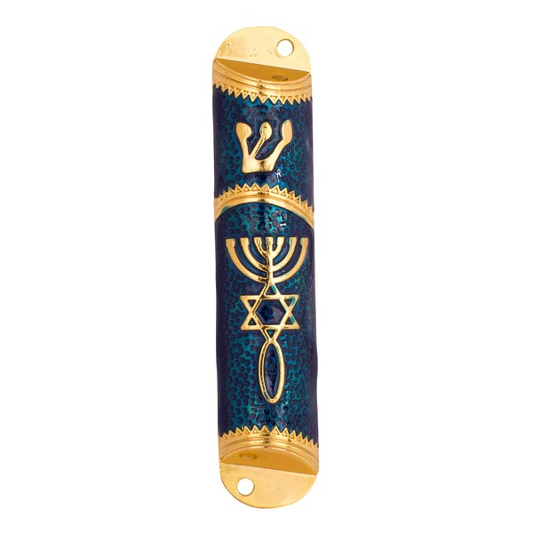 Enamel Door Mezuzah Scroll Case Shedai Jewish (Blue with Gold)