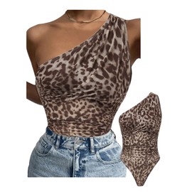 GORGLITTER Women's Leopard Print Bodysuit Summer Off Shoulder Bodysuits Asymmetrical Neck Tops Sleeveless Bodysuits Mesh Body Blouse Body, Coffee brown, S