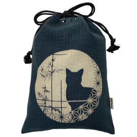 Edo-Ten Shingen Bag, Discharge Pattern, Matching Bag, 100% Cotton, Shijira Fabric, Drawstring Bag, Goshuin Bookbag, Inner Pocket, Men's, Women's, Cat Pattern, 033-B25 Round Window Cat Navy