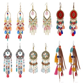 6 Pairs Bohemian Vintage Ethnic Style Drop Earings, Faux Feather Tassel Rhinestone Long Drop Dangle Earings for Women (Style F)