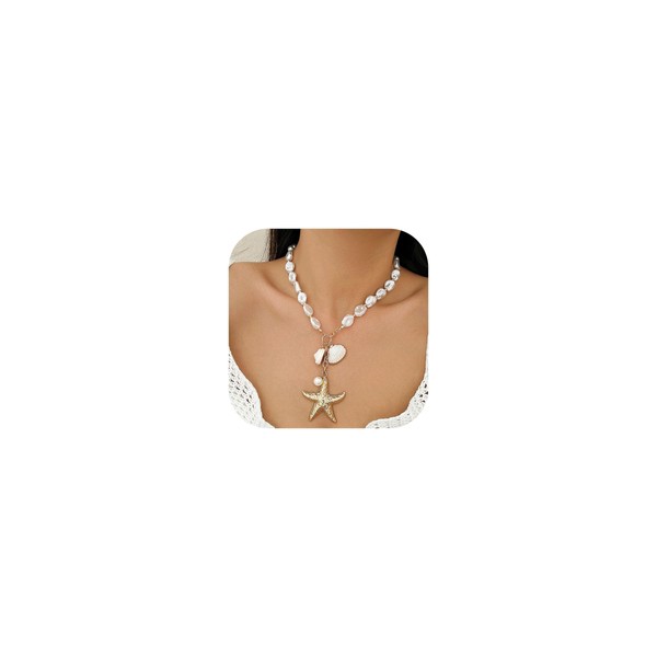 YANCHUN Shell Starfish Necklace Layer Charm Necklace for Women Boho