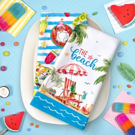 Arquiel Set of 4 Tea Towels Kitchen Towels Summer Beach Gnome Decorative 100% Cotton 48 x 70 cm Dry Towels Absorbent Gift Kitchen Spring Summer Decoration