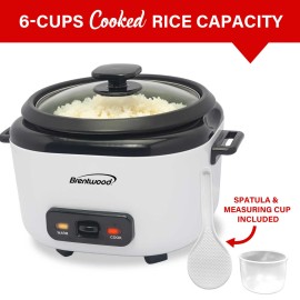 Brentwood 3-Cups Uncooked/6-Cups Cooked Electric Rice Cooker with Measuring C...