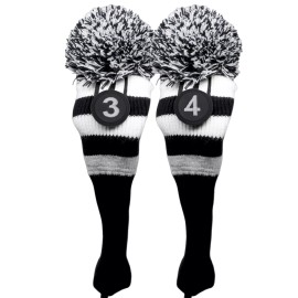 Majek Golf LIMITED EDITION Majek Black White Pom Pom Knit GOLF Club 3 4 HYBRID Head Covers