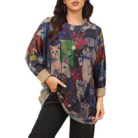 Magritta Jumper Women Long Sleeve Plus Size Sweater Winter Knit Large Pullover Tops Casual Loose Fashion Vintage Jumper Cat XX-Large
