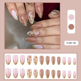 3D Flower Press on Nails Short Almond Fake Nails with Stereo Floral Design Autumn Stick on Nails Reusable French Tip Glue on Nails Gold Glossy Acrylic Nails Nude False Nails for Women Manicure 24Pcs