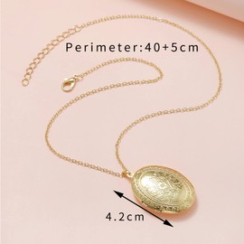 Vintage Engraved Flower Empaistic Photo Locket Hold Picture Oval Round Pendant Necklace Antique Carved Pattern Souvenir Memorial Clavicle Jewelry for Women-1