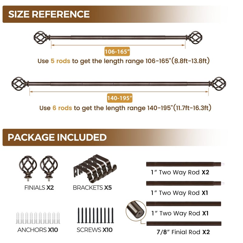 KAMANINA Extra Long Curtain Rods for Windows 120 to 170