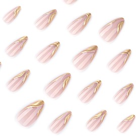 Uas Postizas Medianas Press On Corazn 3D Brillante, Mariposa y Lneas Onduladas, Uas Postizas Acrlicas, Ajuste Perfecto y Reutilizables Naturales Set de 24 Uas (French Gold, 24pcs)