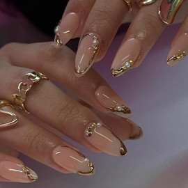 24pcs Almond Fake Nails - Medium Press Ons With Gold Stripe Rhinestone Designs - Glossy Acrylic Nails - Full Cover Glue Ons - Nude Pink Stick Ons For Women