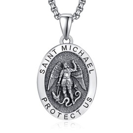 ADMETUS St Michael Necklace for Men 925 Sterling Silver Oval Saint Archangel Michael Pendant Medal Medallion Necklace Protection Jewellery Religious Gifts