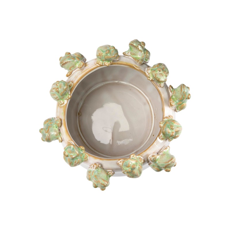 Creative Co-Op Stoneware Planter with Frogs on Rim and Reactive