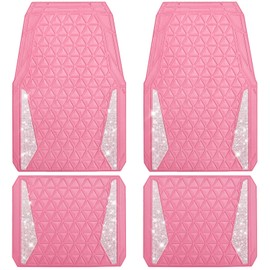 CAR PASS Bling Car Mats Diamond Rubber Floor Mats Full Set Anti-Slip 3D Rhombus Waterproof Trim to Fit Liner Universal Glitter Crystal Sparkly Shining Rhinestone Girl Women SUV Sedan Van, Pink Rubber