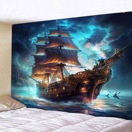 FENDROM Nautical Tapestry Decor Ghost Sailboat Wall Art Fantasy Ocean scenery Nautical pirate ship Wave Sailing moon Wall Hanging Tapestries Decor Bedroom Living Room Dorm
