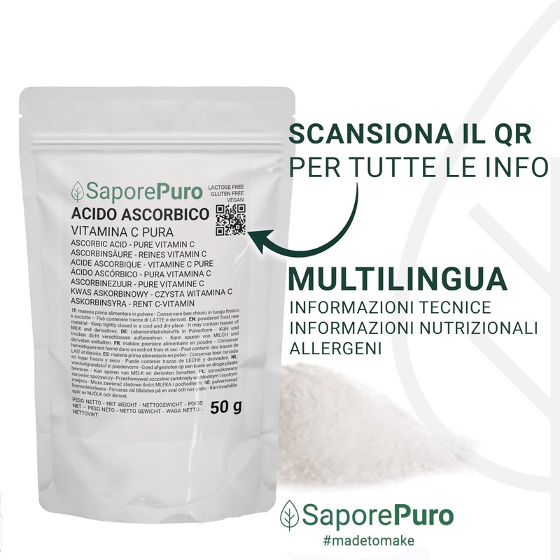 Saporepuro Ascorbic Acid Powder 50 g - Vitamin C Powder