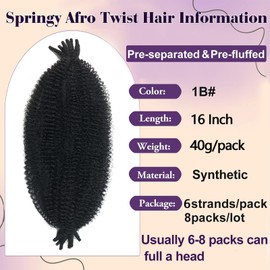 Sunsmilely Afro Twist Hair 16 Inch Marley Twist Braiding Hair 8 Packs Cuban Twist Hair Pre Fluffed Spring Twist Hair Natural Black Wrapping Hair for Soft Locs