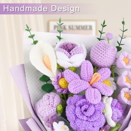 Loiiatto Crochet Flower Bouquet, Completed Handmade Crochet Flowers, Lily of The Valley, Roses, Tulips Mix Knitted Flowers Bouquet for Mother's Day, Anniversaries, Graduation, Birthday (Purple)